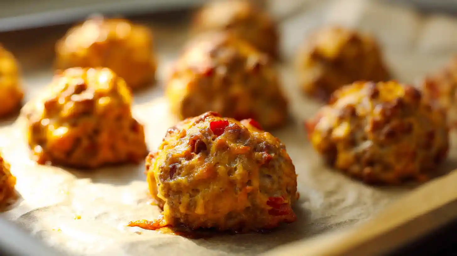 Baked sausage cheese balls with Rotel fresh from oven—easy holiday dinner and restaurant-style snack at home