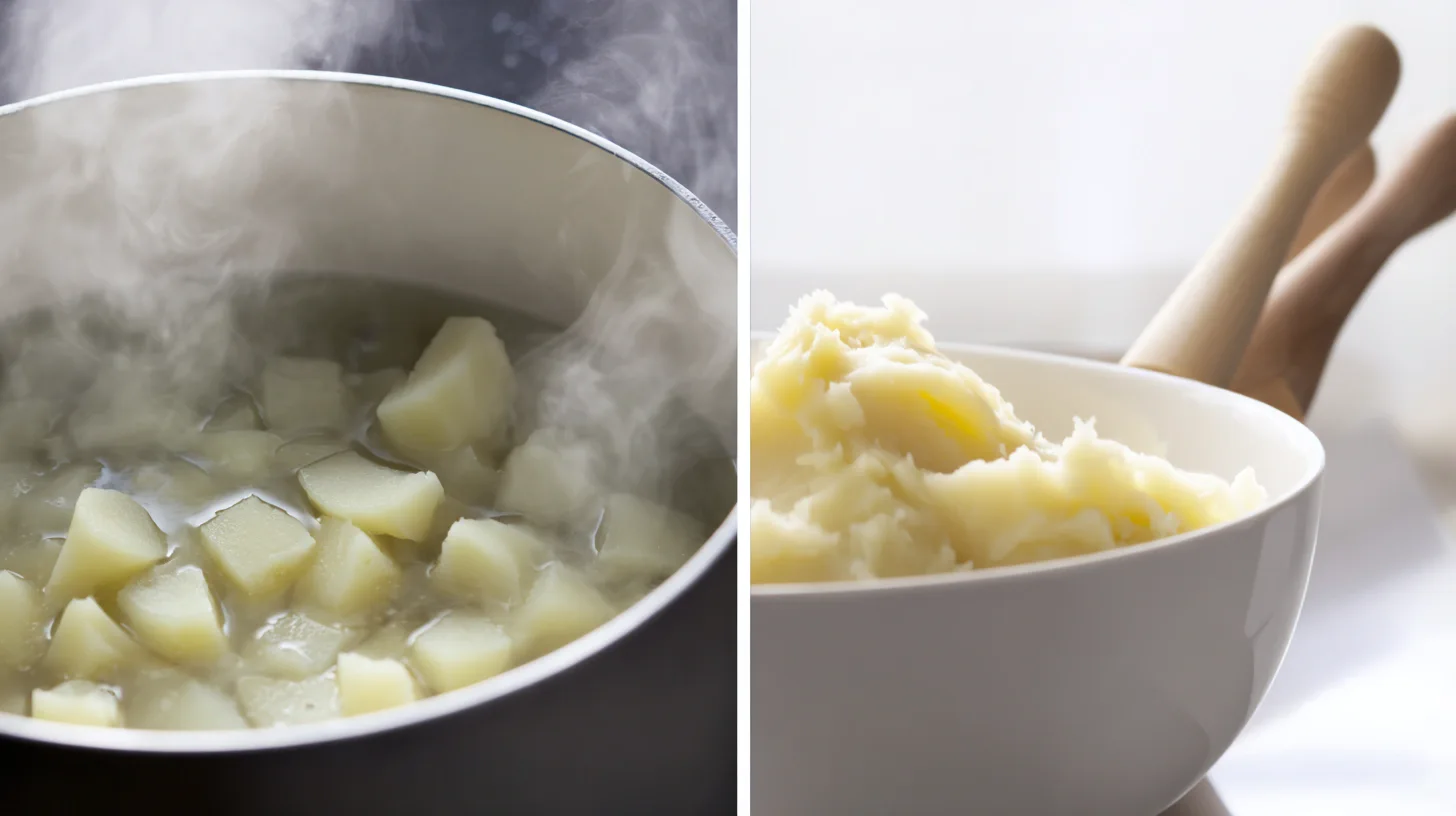 Boiling and mashing potatoes for homemade potato cheese bombs, a budget-friendly comfort food recipe