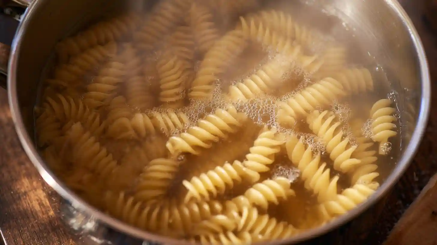 boiling-pasta-for-chicken-bacon-ranch-pasta Rotini pasta boiling in salted water for Chicken Bacon Ranch Pasta, easy family dinner recipe and creamy weeknight pasta meal.