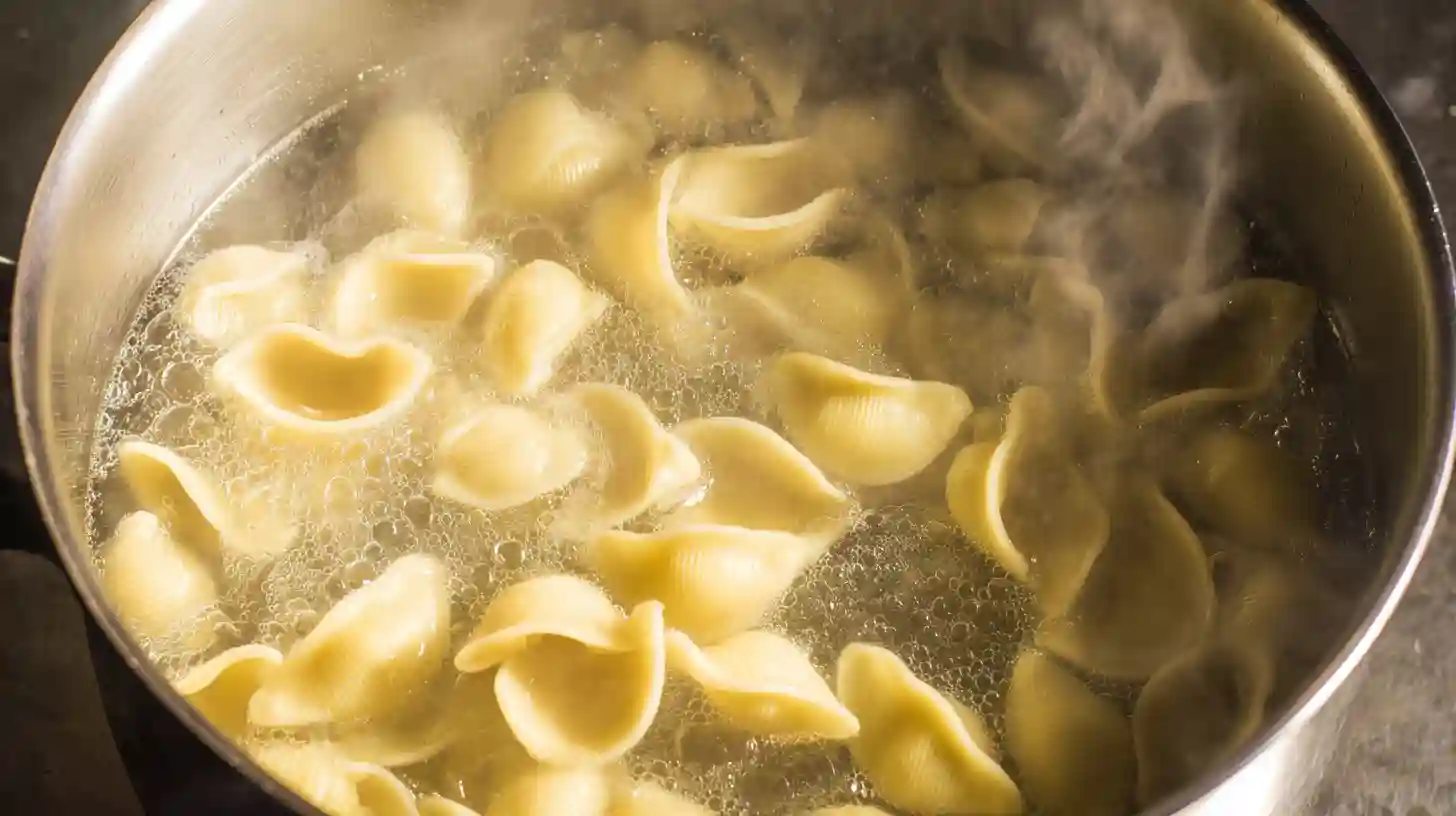 Boiling pasta shells for Garlic Butter Steak Tips with Cheesy Shells in Cheddar Sauce – step-by-step easy family dinner recipe with creamy cheddar pasta.
