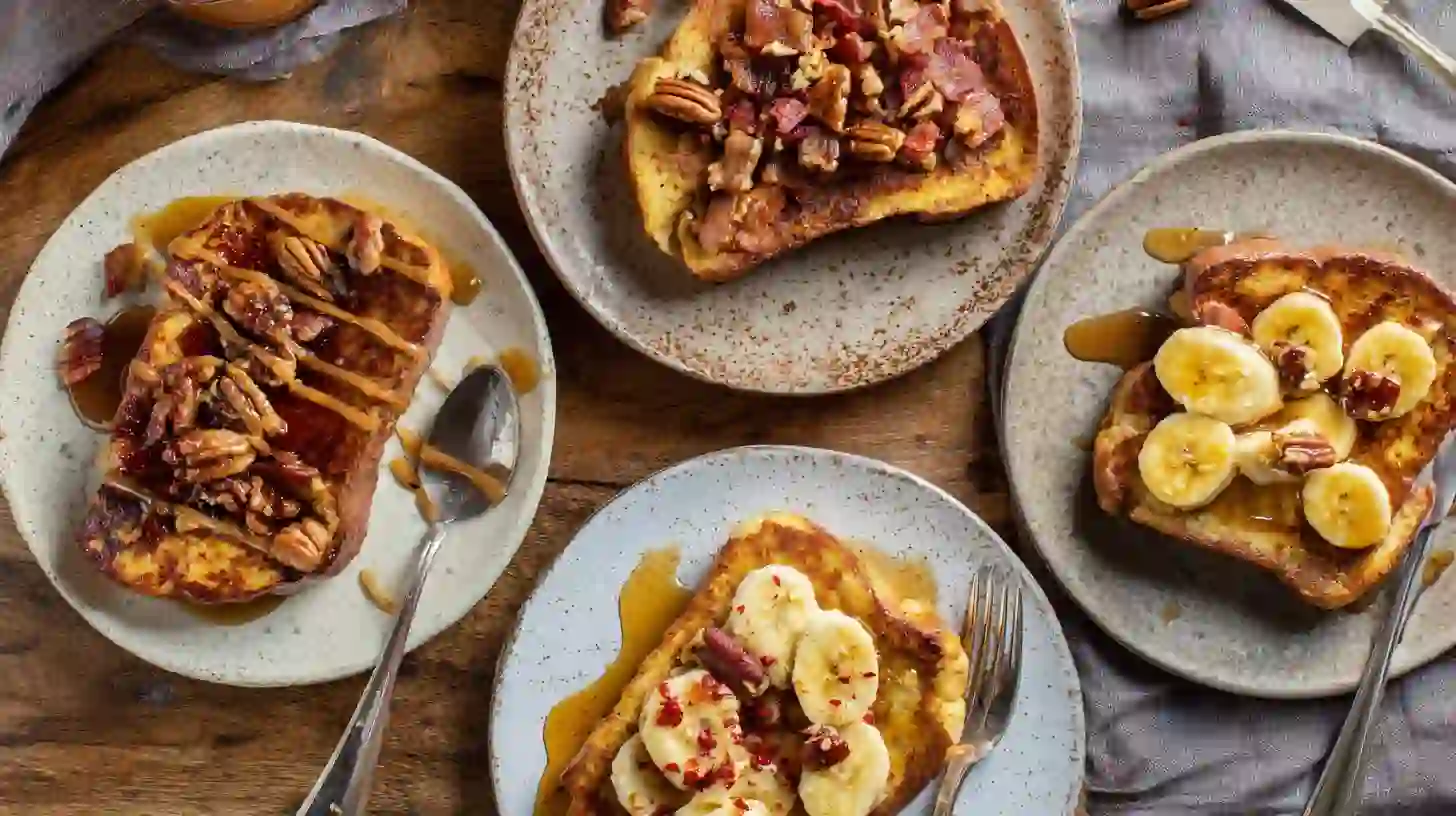 bourbon-maple-bacon-french-toast-flavor-variations Four gourmet variations of Bourbon Maple Bacon Stuffed French Toast – classic bourbon glaze, pecan praline, sweet and spicy, and banana foster – perfect luxury brunch and holiday breakfast recipes.