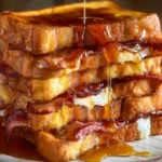 Bourbon Maple Bacon Stuffed French Toast dripping with warm bourbon maple syrup – a luxury gourmet breakfast recipe perfect for holiday mornings.