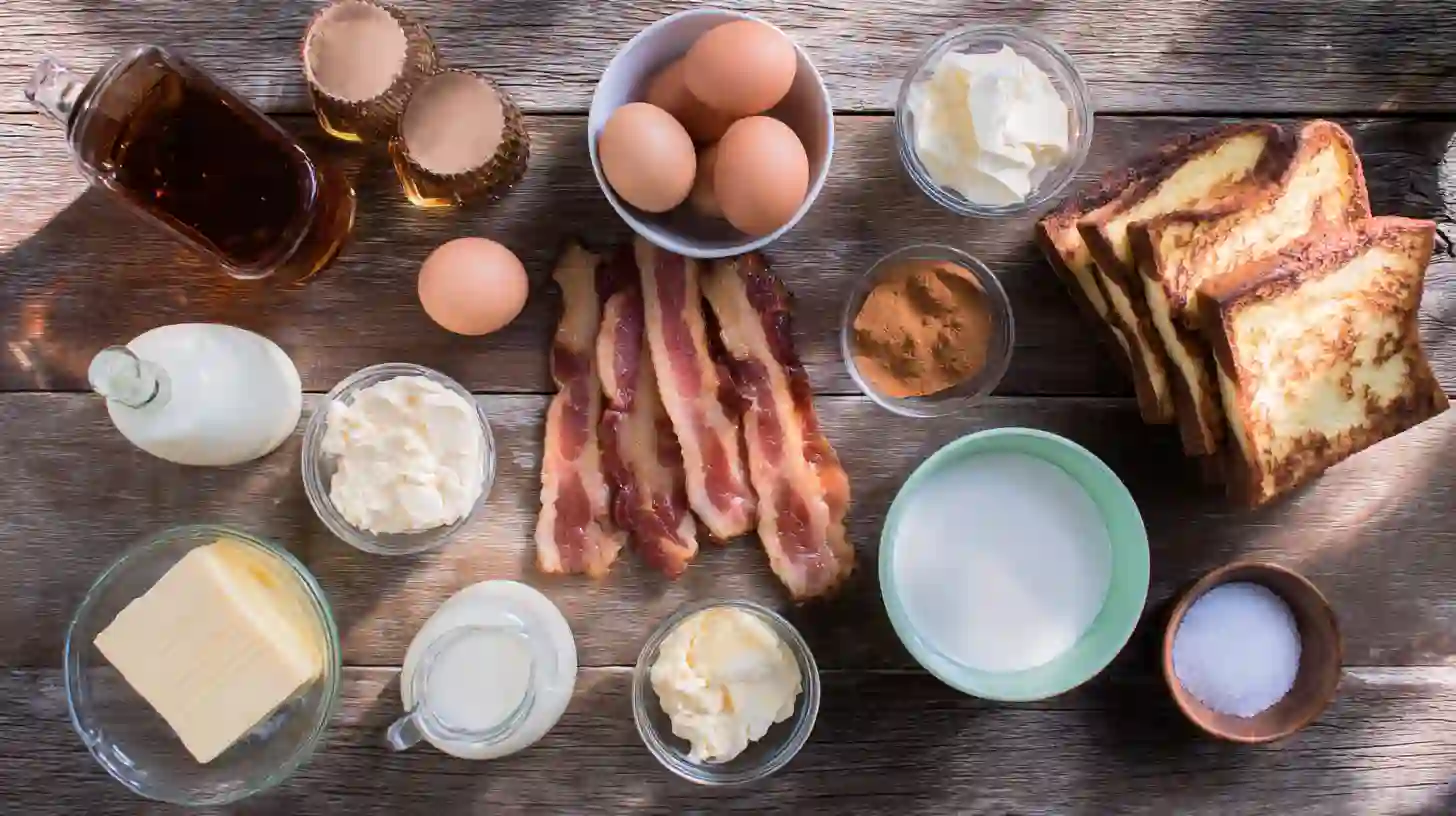 bourbon-maple-bacon-stuffed-french-toast-ingredients-Image Ingredients for Bourbon Maple Bacon Stuffed French Toast – thick brioche bread, crispy bacon, cream cheese, maple syrup, and bourbon for a luxury holiday breakfast recipe.
