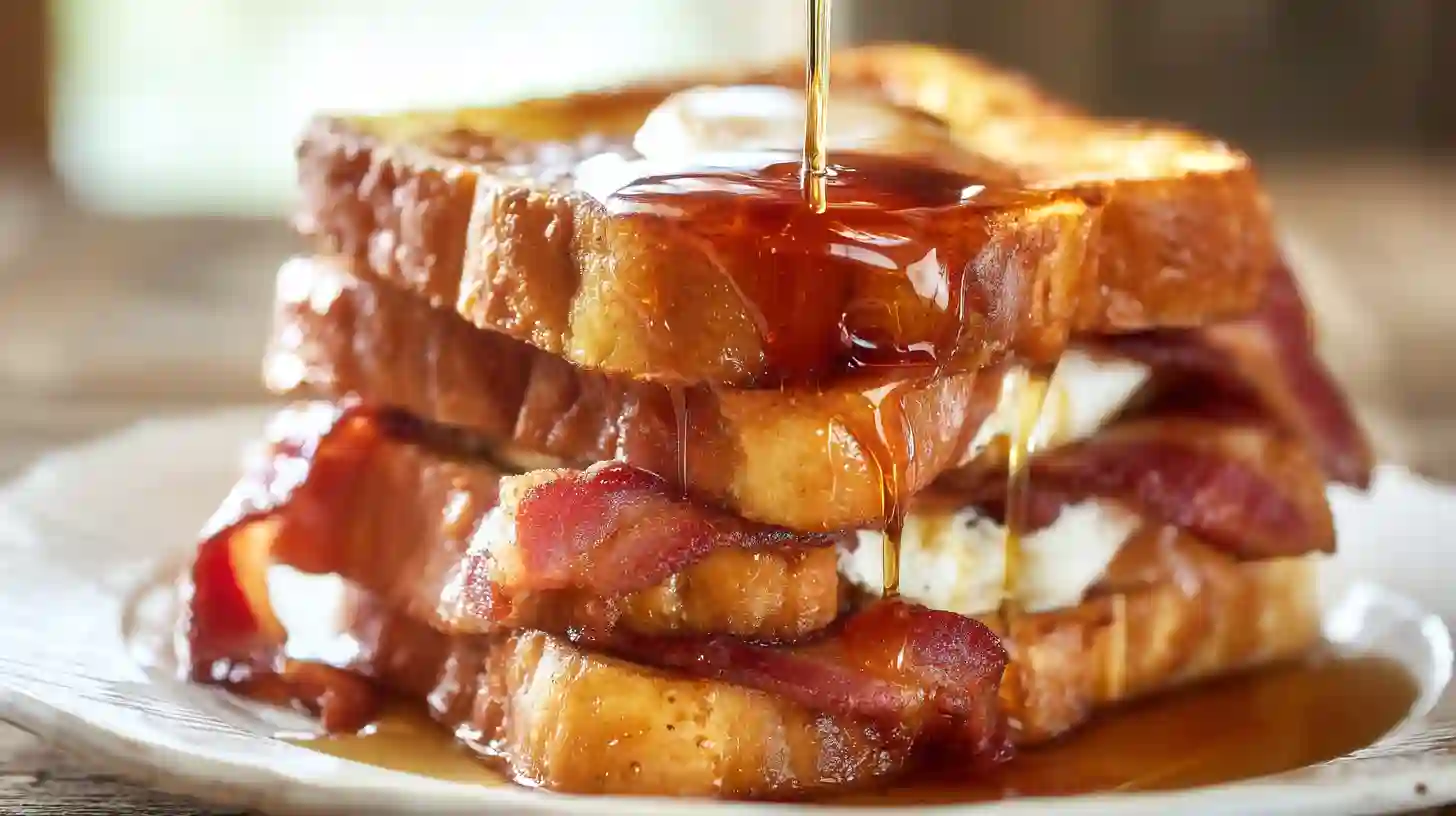 bourbon-maple-syrup-glaze-poured-over-stuffed-french-toast Bourbon maple syrup glaze poured over golden stuffed French toast – luxury holiday breakfast recipe and gourmet brunch idea for family gatherings.