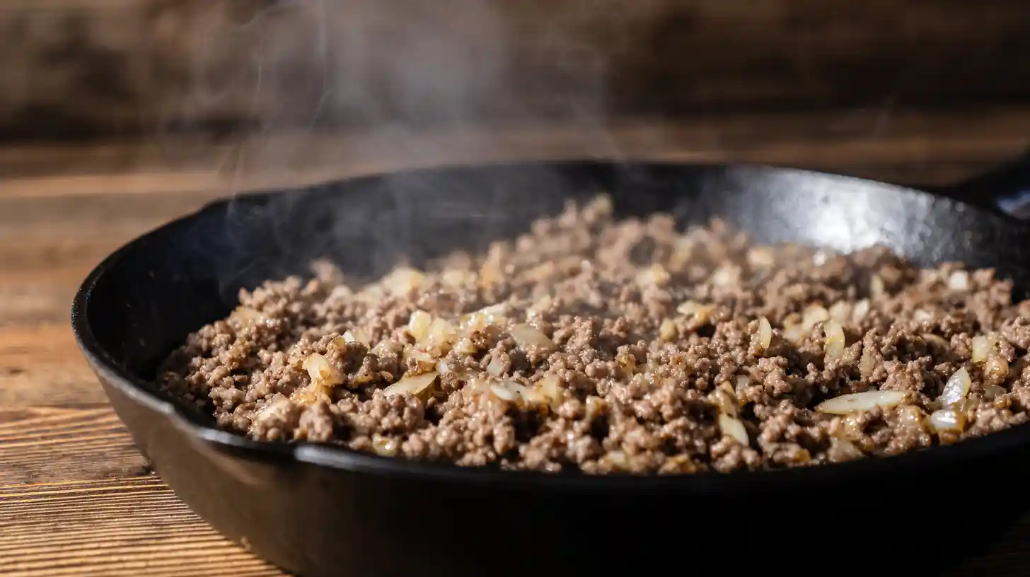 brown-ground-beef-onions-garlic-skillet-step1 Brown the ground beef with onions and garlic in a skillet for creamy green bean casserole — sizzling ground beef dinner step for hearty family meals and easy one-pan beef casseroles.