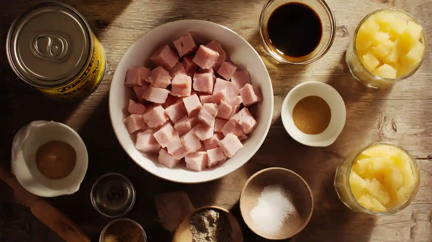 brown-sugar-pineapple-ham-bake-ingredients Brown Sugar Pineapple Ham Bake ingredients – diced ham, pineapple chunks, brown sugar glaze mix for easy holiday dinner on a budget