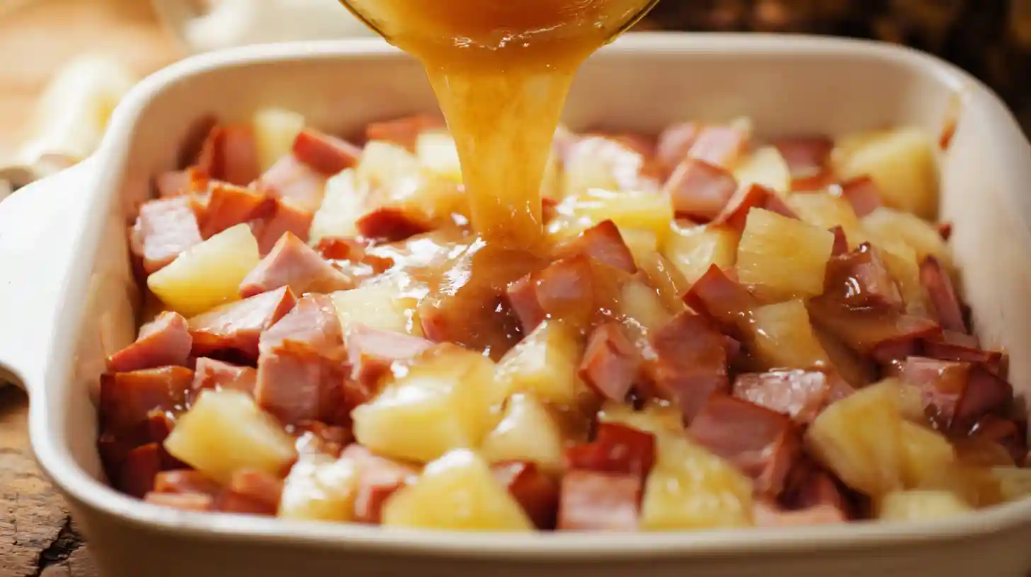 brown-sugar-pineapple-ham-bake-step3-layer-and-coat Layering diced ham and pineapple with brown sugar pineapple glaze – easy holiday dinner on a budget and family-friendly Christmas ham recipe