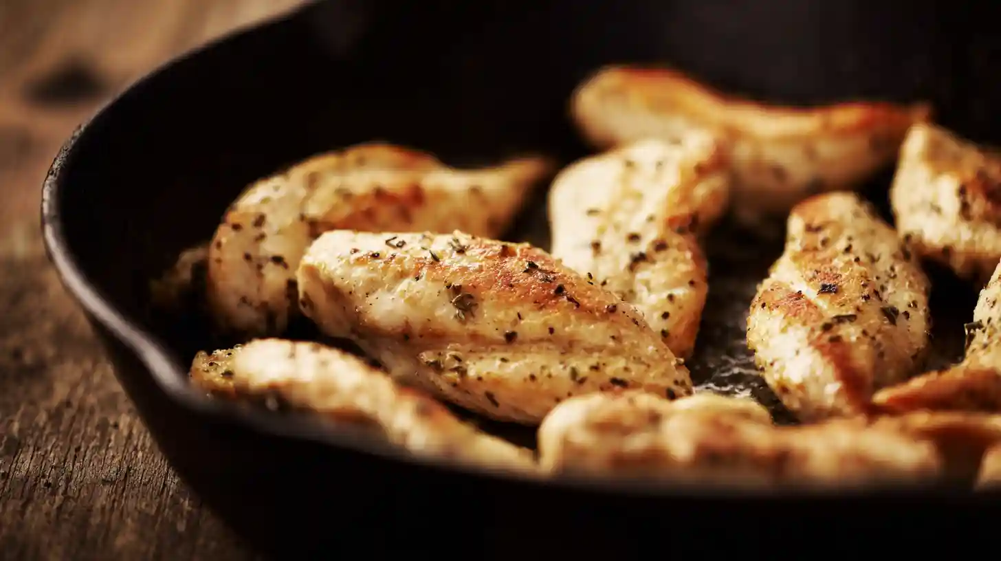 browned-chicken-for-chicken-bacon-ranch-pasta Golden-brown chicken cooking in a skillet for Chicken Bacon Ranch Pasta, easy high-protein dinner recipe with creamy ranch flavor.