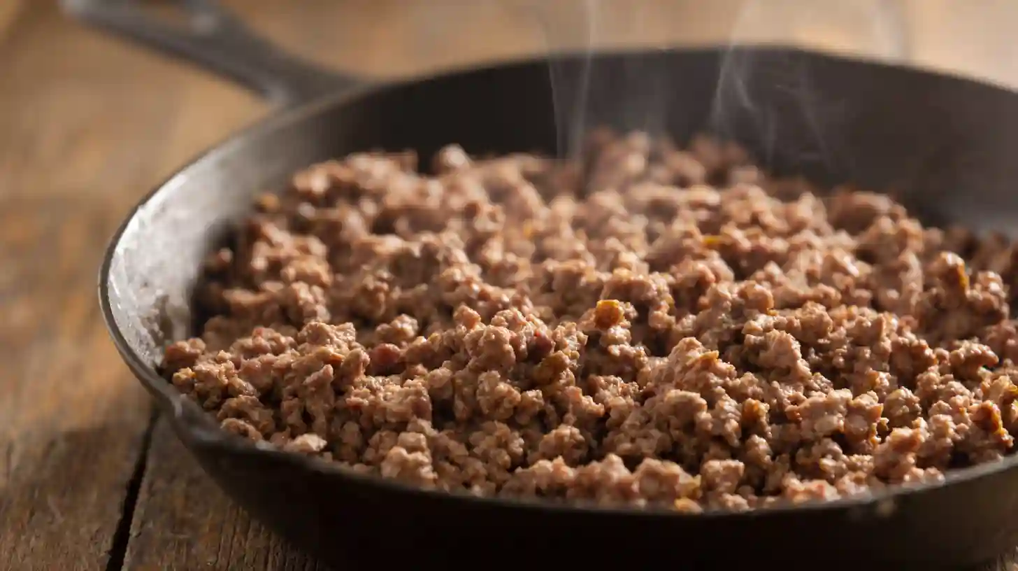 browned-ground-beef-in-skillet-for-loaded-bacon-cheeseburger-burrito Browned Ground Beef in Skillet for Loaded Bacon Cheeseburger Burrito – Easy Homemade Fast Food Dinner Recipe for Families