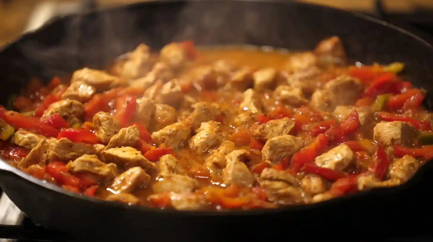 Simmering rice, tomato sauce, and chicken broth with fajita chicken and peppers for Queso Chicken Fajita Skillet – easy one-pan Tex-Mex dinner recipe.