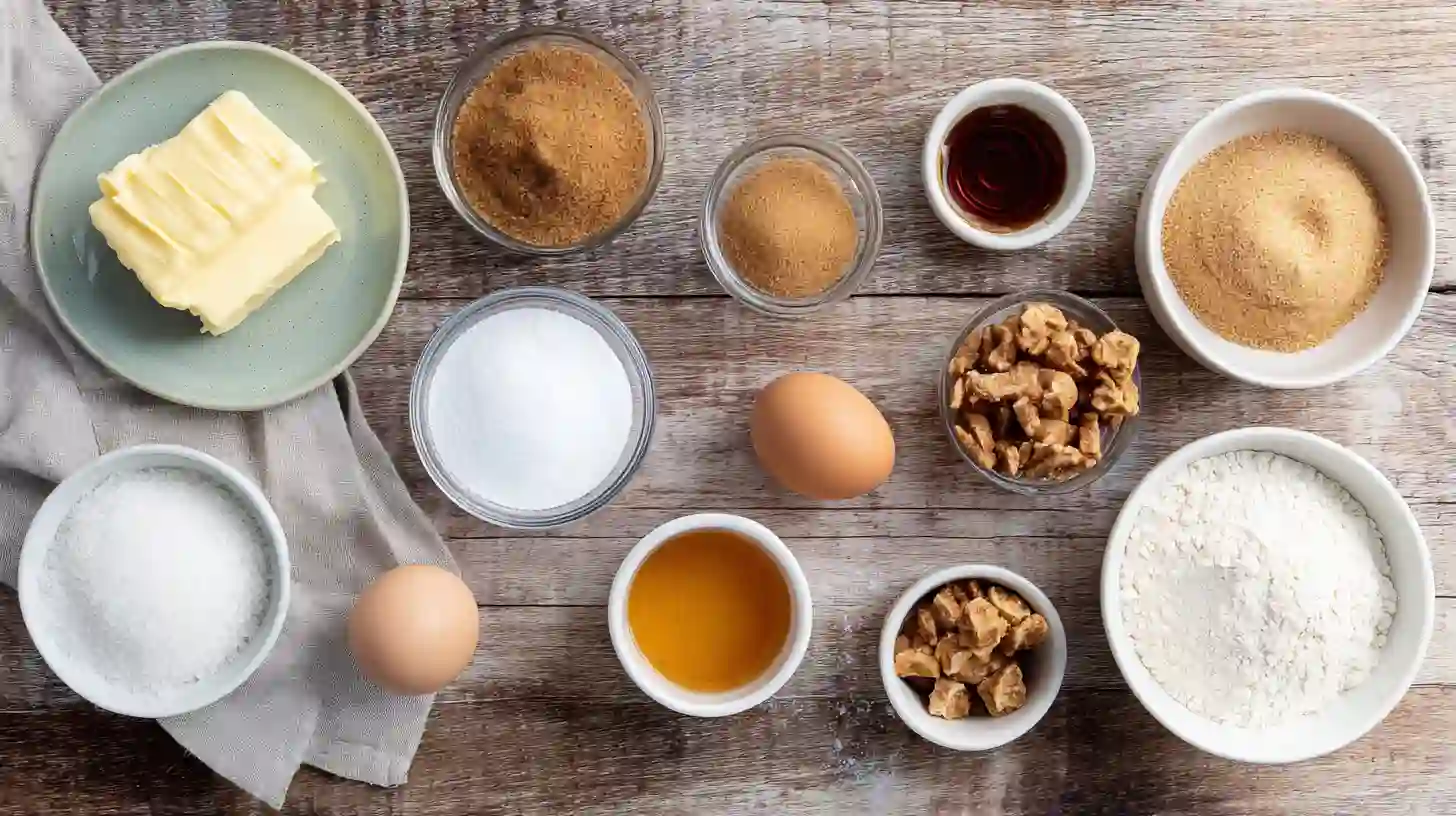Butterfinger cookie recipe ingredients: brown sugar, caramel bits, candy bar chunks, and rich cookie dough essentials for soft and chewy cookie baking.