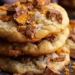 A stack of Butterfinger Caramel Crunch Cookies topped with caramel bits and candy chunks, golden brown with crisp edges and chewy centers.
