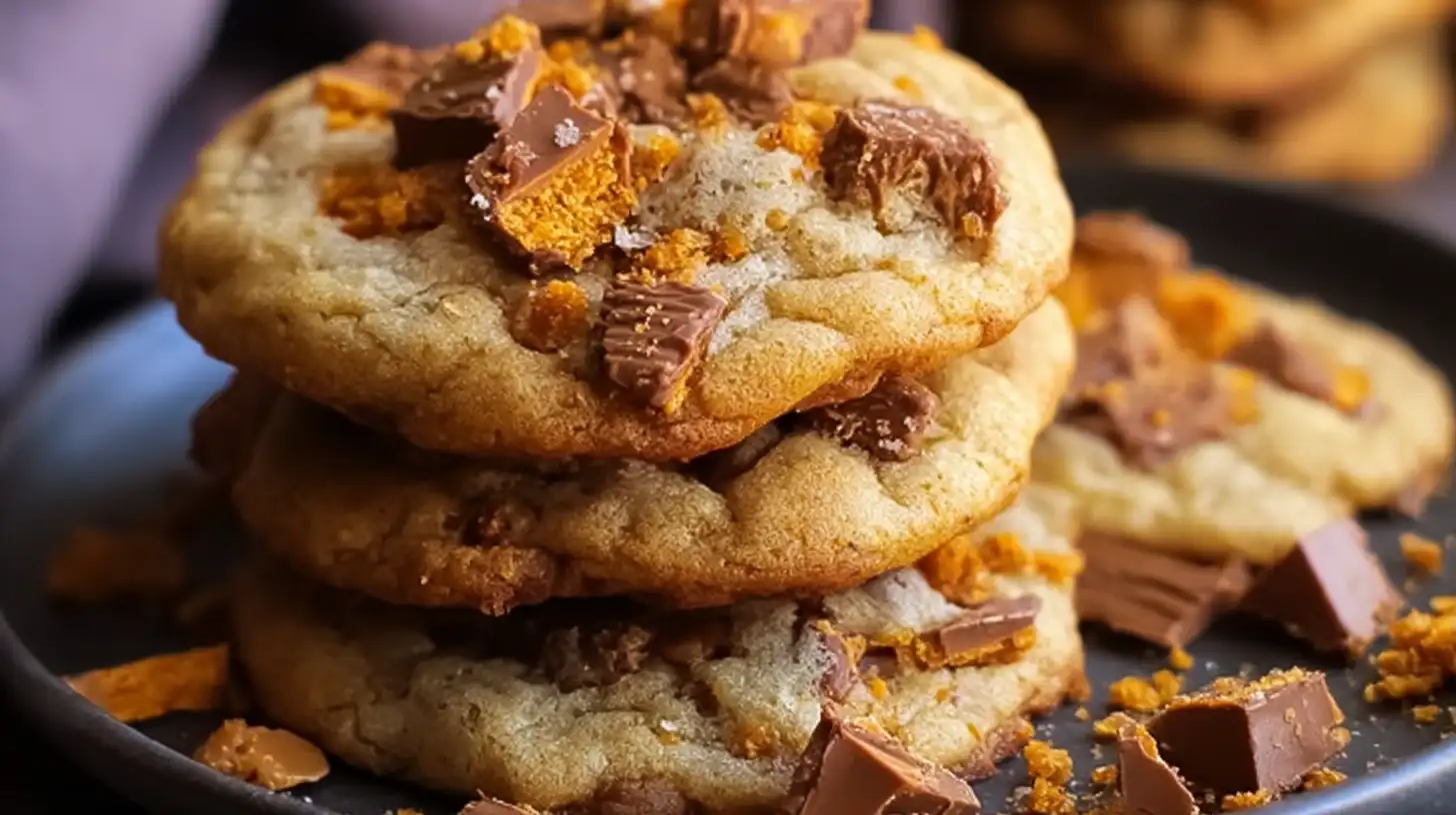A stack of Butterfinger Caramel Crunch Cookies topped with caramel bits and candy chunks, golden brown with crisp edges and chewy centers.