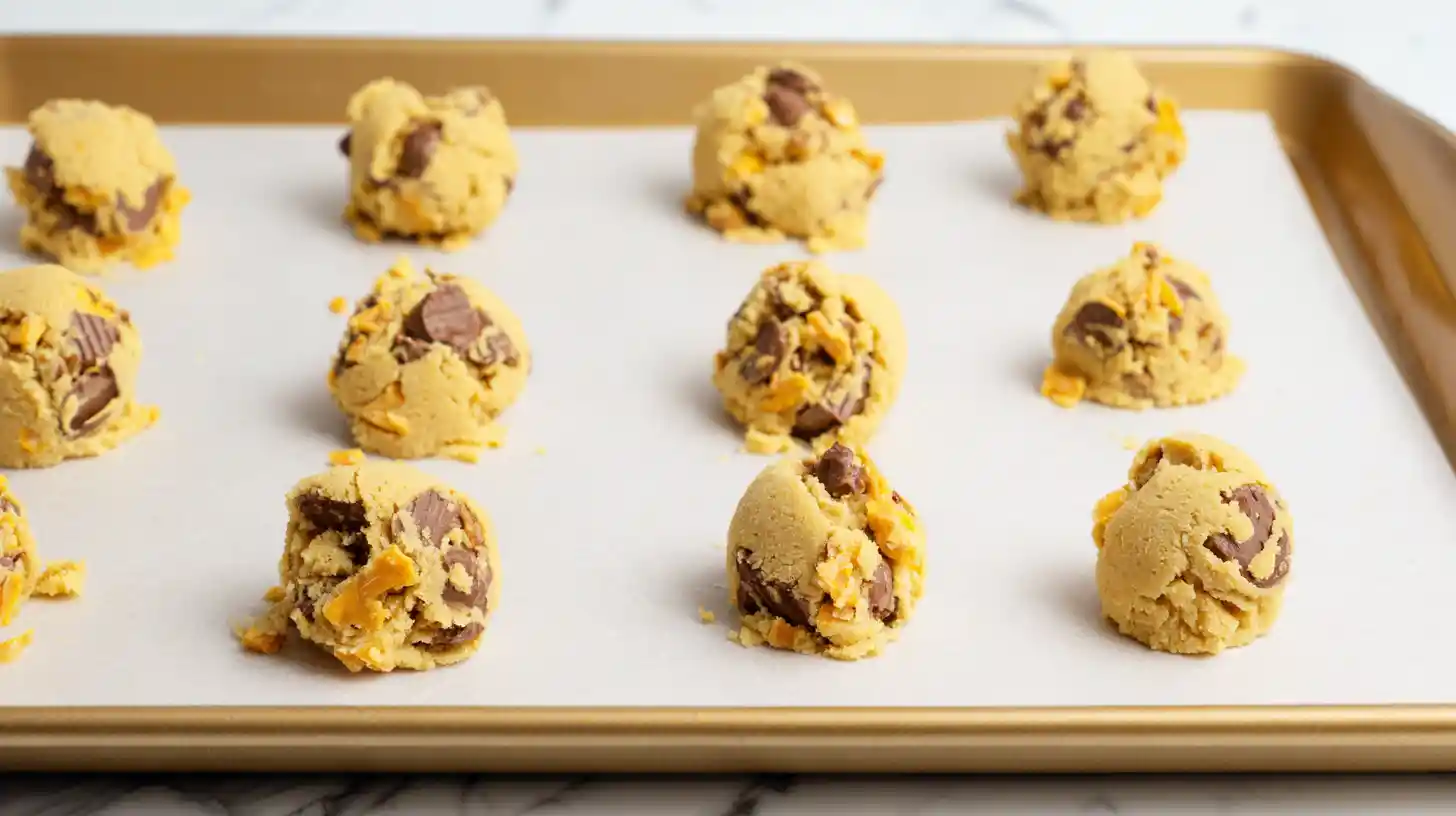 Butterfinger caramel cookie dough spaced on baking tray — best soft cookie recipe for golden edges and chewy centers.