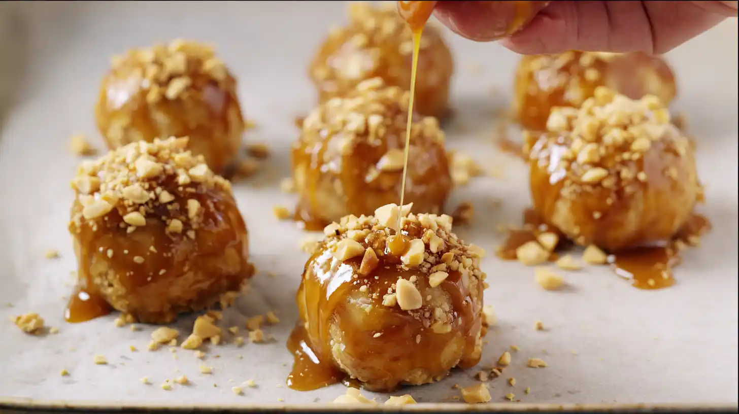 caramel-drizzle-apple-caramel-bombs-topping drizzling caramel sauce and adding crushed peanuts on baked apple caramel bombs for easy fall dessert recipe