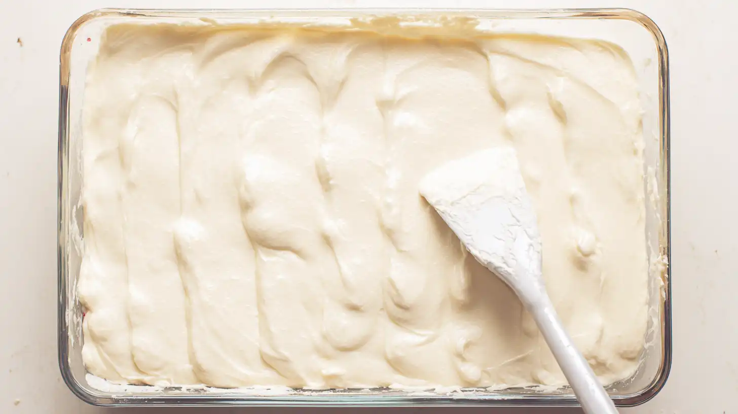 Creamy cheesecake layer spread over crust for cherry pecan cheesecake lush, a simple family dessert and premium no bake treat