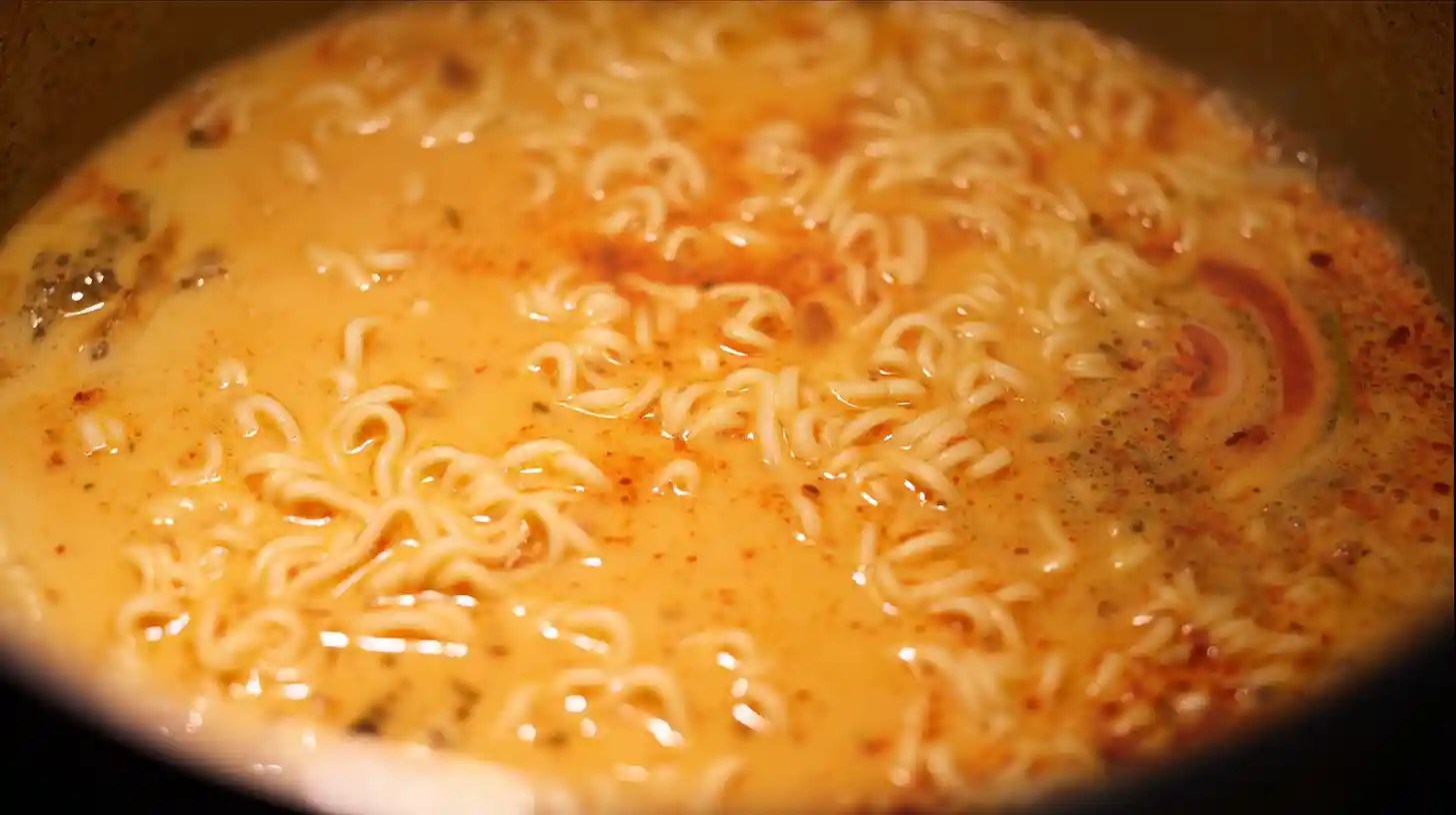 Cheesy ramen noodles recipe cooking in gourmet instant Cajun broth for spicy ramen dinner