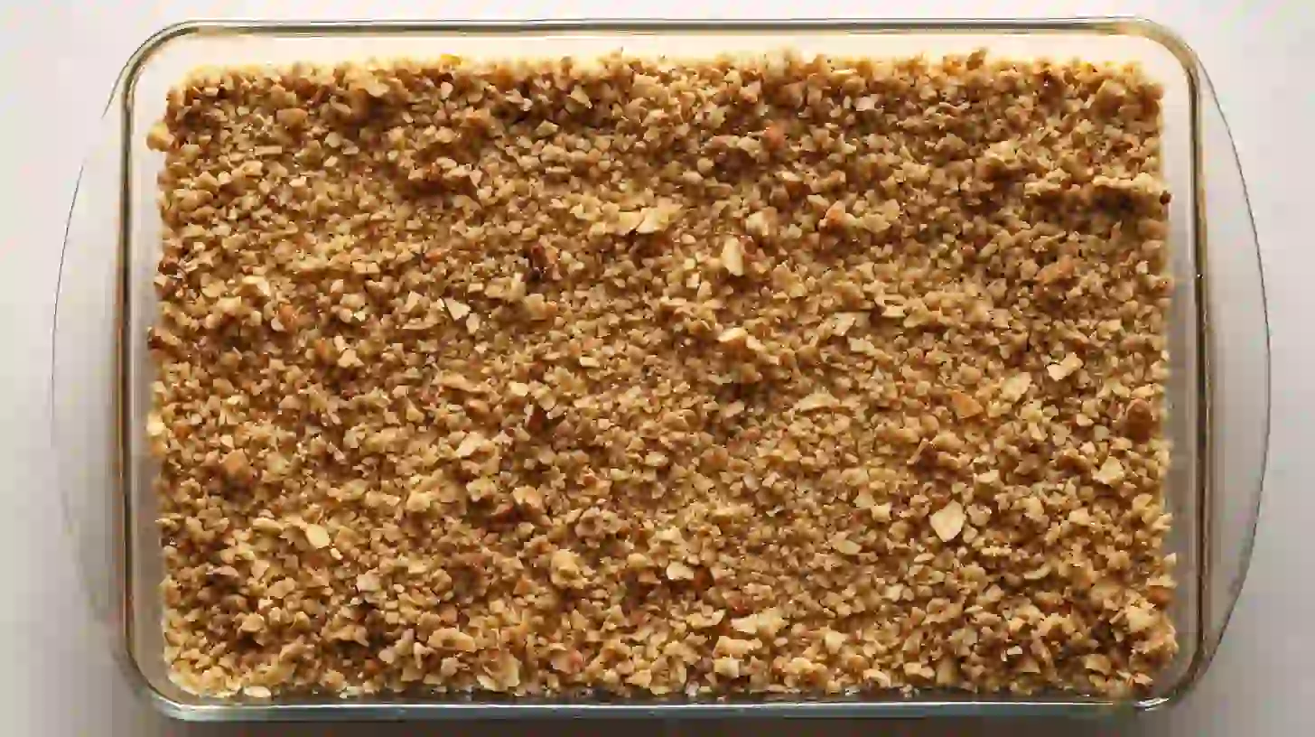 Vanilla wafer pecan crust pressed into a 9x13 pan for cherry pecan cheesecake lush, an easy no bake dessert recipe