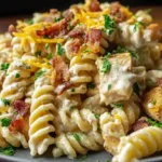 Creamy Chicken Bacon Ranch Pasta recipe for quick family dinners, rich ranch sauce with crispy bacon and cheddar cheese.