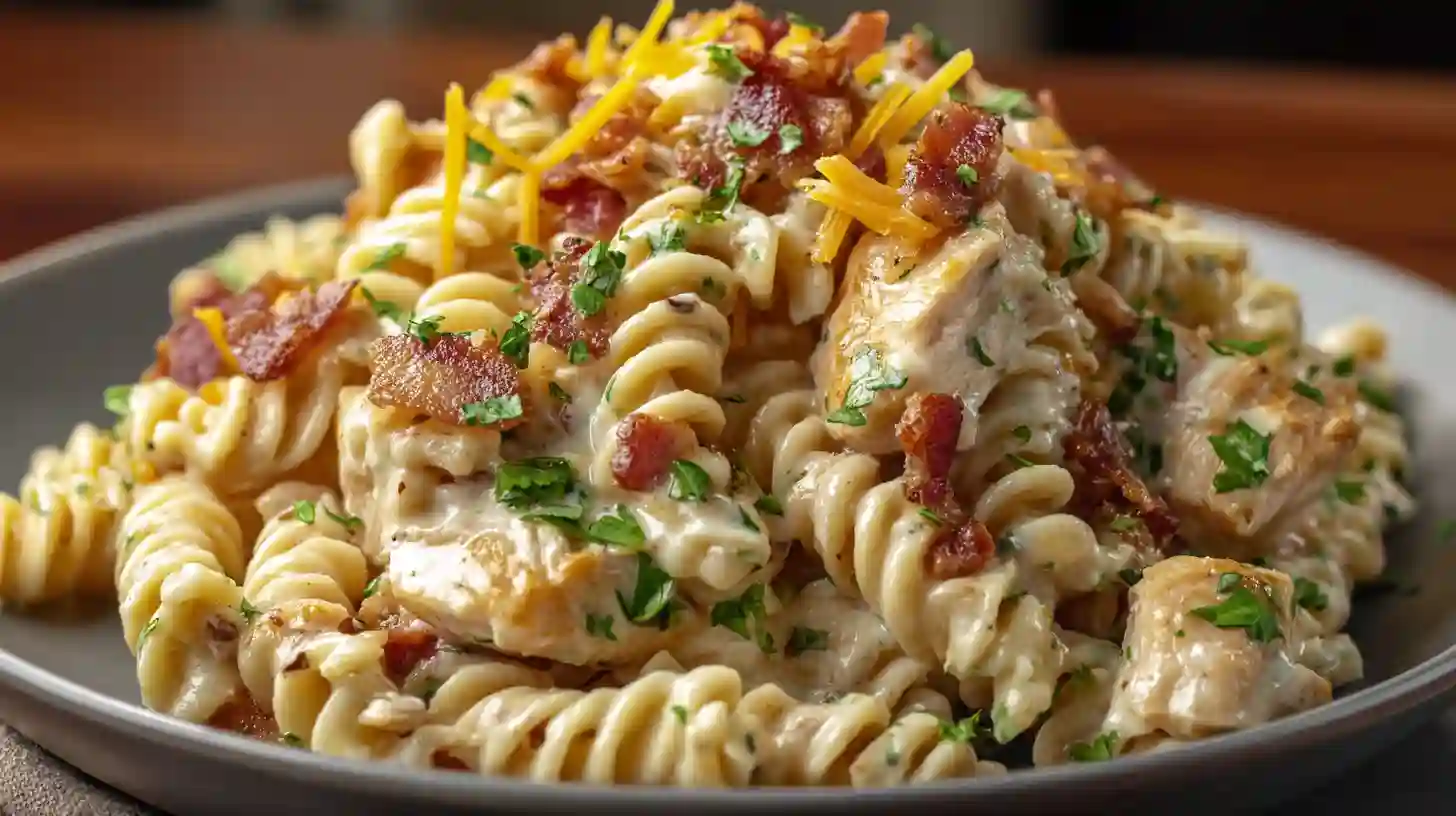 chicken-bacon-ranch-pasta-final-skillet-toss Creamy Chicken Bacon Ranch Pasta tossed in skillet with chicken and crispy bacon, high-protein family dinner and easy weeknight meal idea.