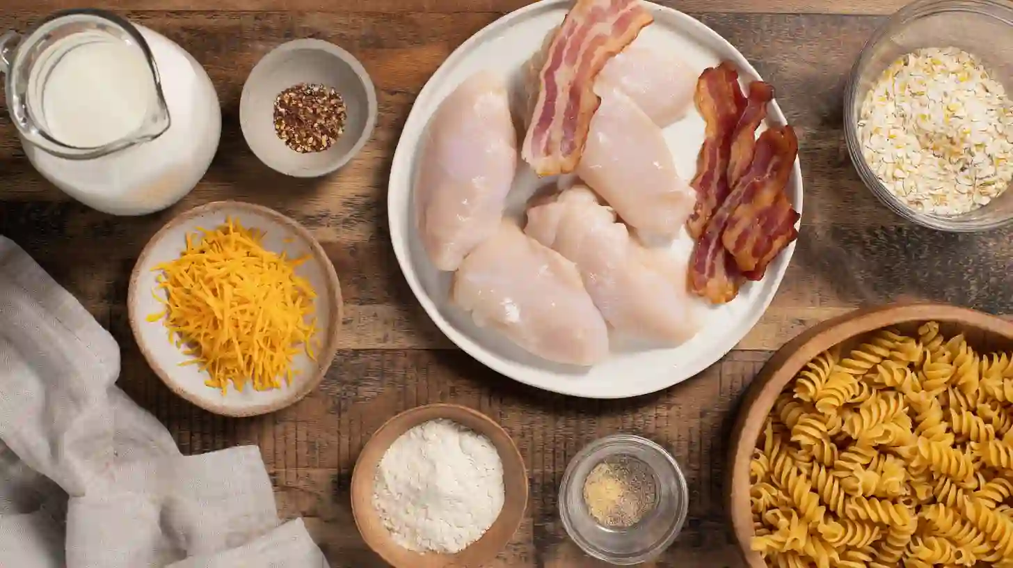 chicken-bacon-ranch-pasta-ingredients-Image Chicken Bacon Ranch Pasta ingredients for easy family dinner—chicken, bacon, pasta, cheddar cheese, ranch mix, and milk.