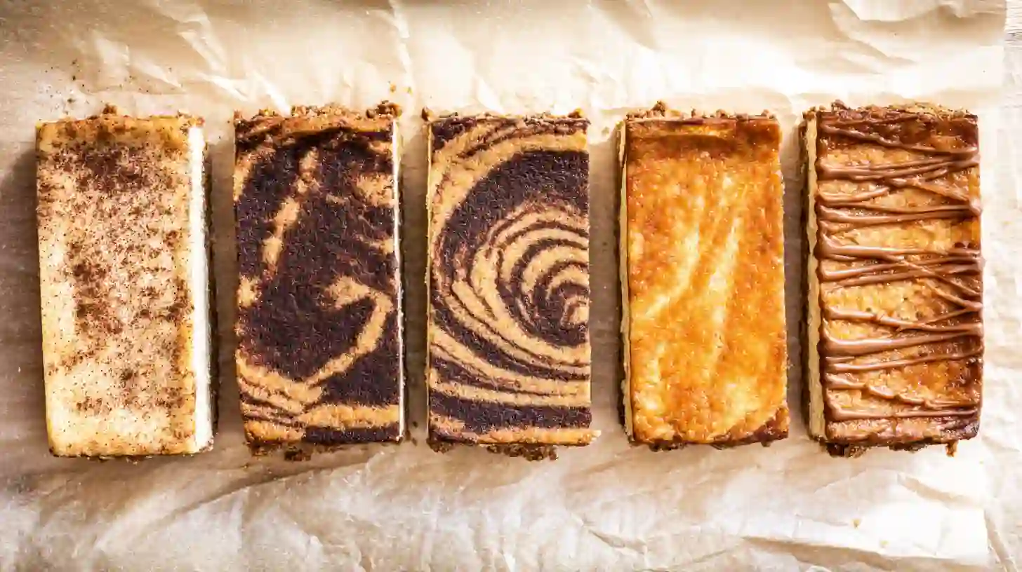 churro-cheesecake-bar-variation Five churro-inspired cheesecake bars showing unique toppings and textures – perfect for flavored cheesecake bar recipes and churro-inspired desserts
