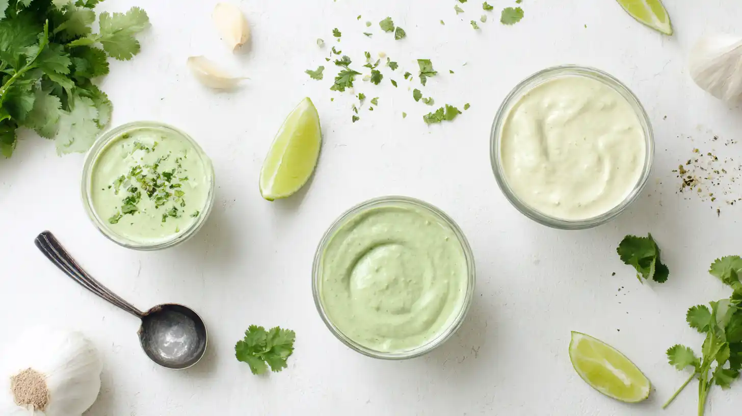 Three cilantro lime sauce recipe variations – classic olive oil-based, creamy Greek yogurt cilantro sauce, and spicy jalapeño lime sauce – perfect for fish tacos, seafood dishes, and healthy sauces
