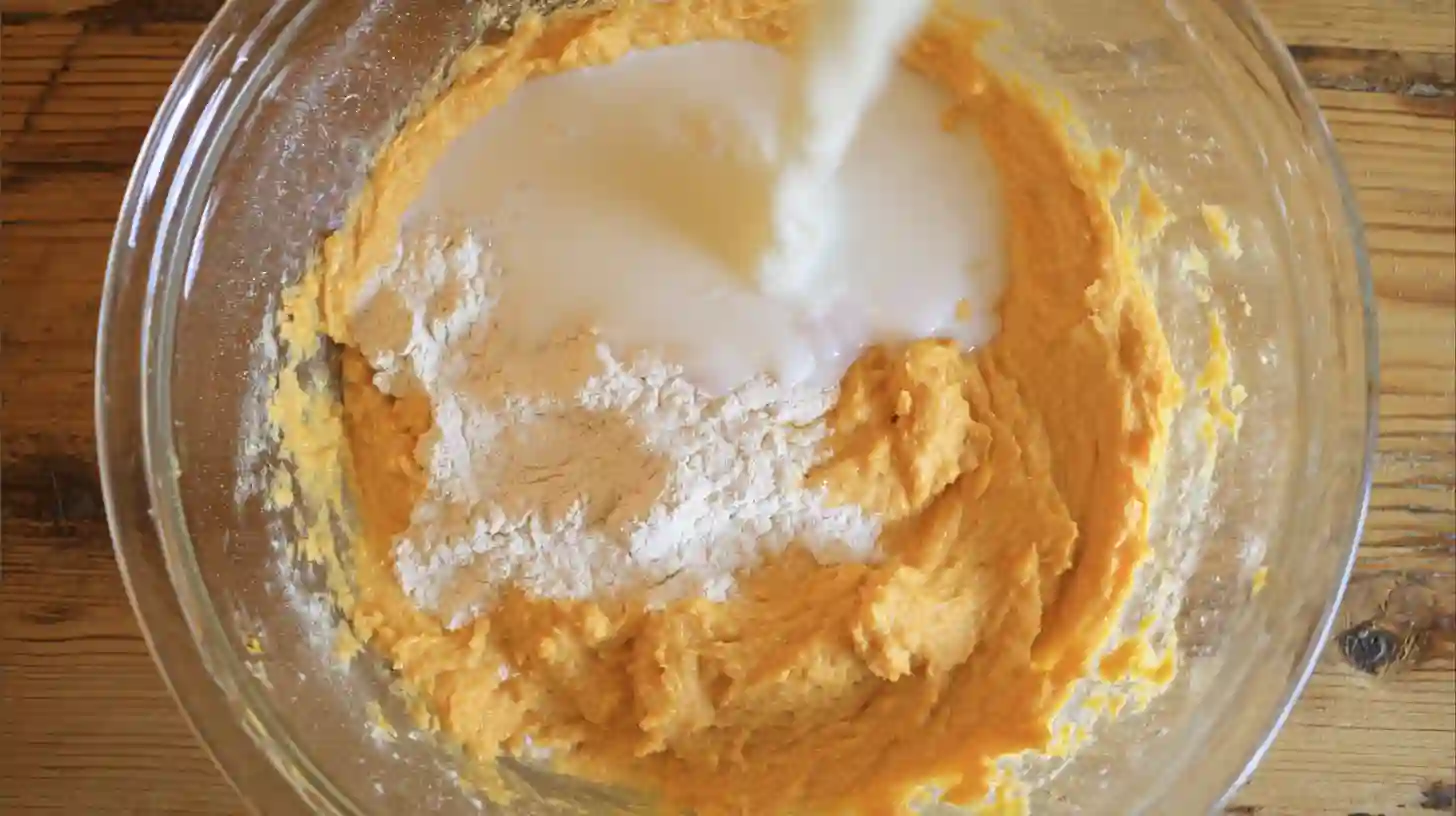 combine-dry-wet-milk-sweet-potato-cake-step4 Combining dry ingredients and milk into sweet potato cake batter – perfect for homemade fall cake recipes