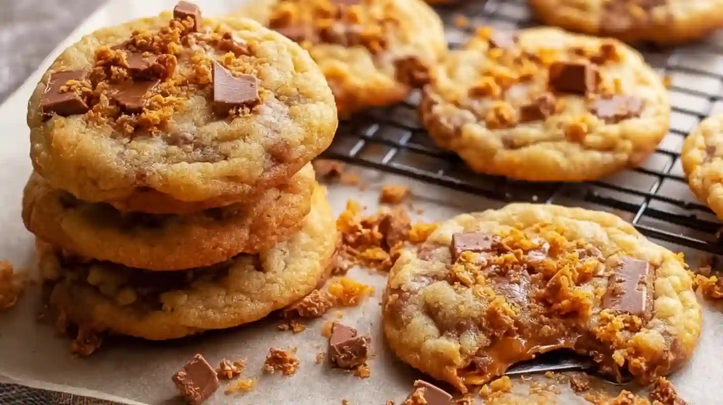 Cooling Butterfinger caramel cookies on wire rack for chewy caramel cookie recipe and soft cookie baking tips.