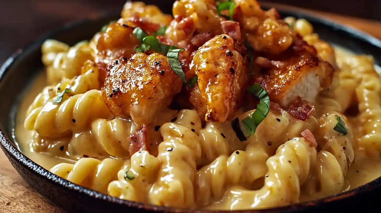 Creamy Honey Pepper Chicken Mac and Cheese in black skillet