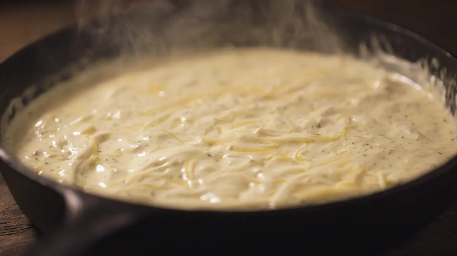 creamy-ranch-sauce-for-chicken-bacon-ranch-pasta Creamy ranch sauce cooking in skillet for Chicken Bacon Ranch Pasta, easy weeknight dinner and high-protein family meal idea.