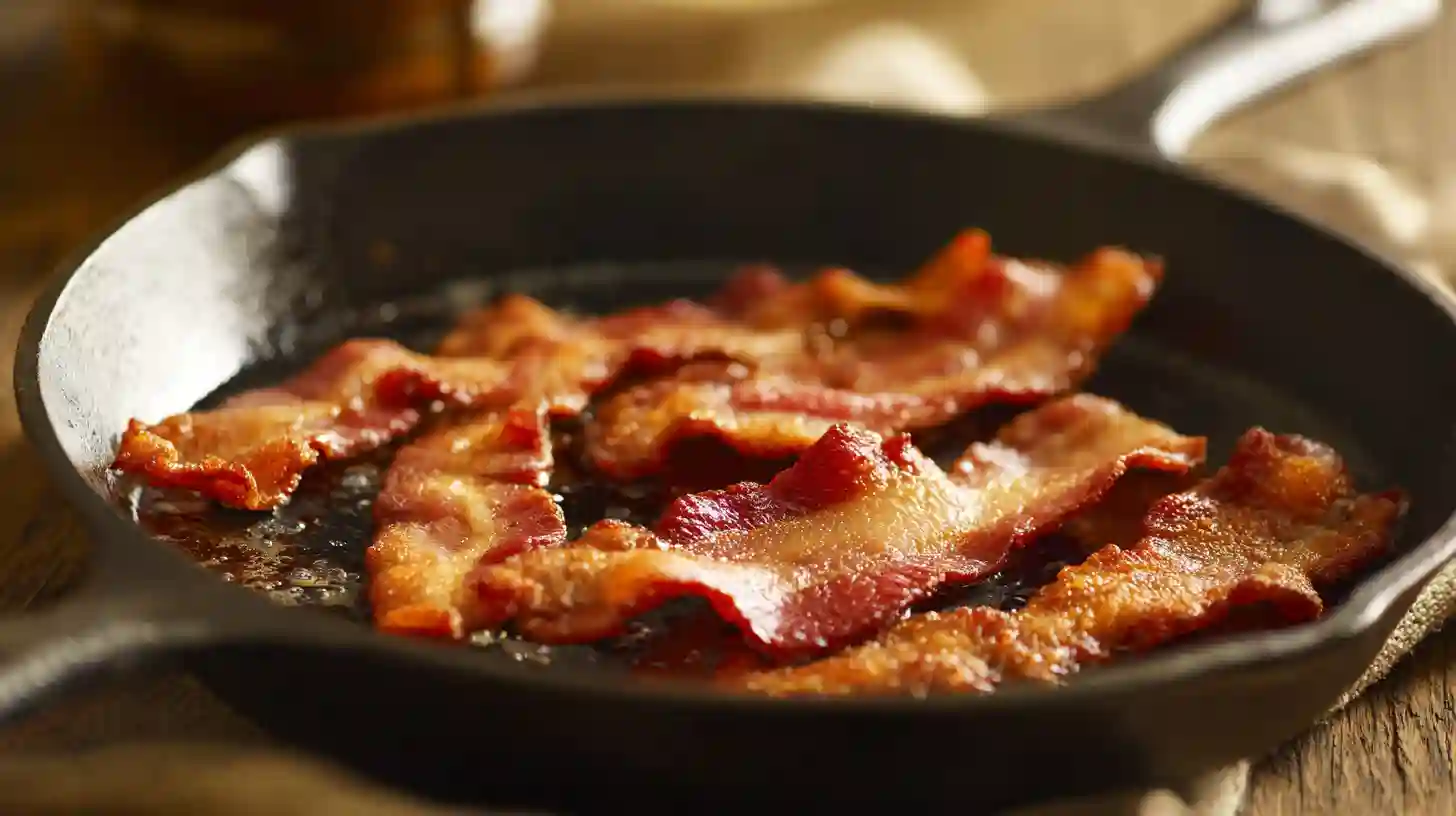 crisp-bacon-for-chicken-bacon-ranch-pasta Crispy golden bacon cooking in a skillet for Chicken Bacon Ranch Pasta, easy family dinner recipe with high-protein flavor.