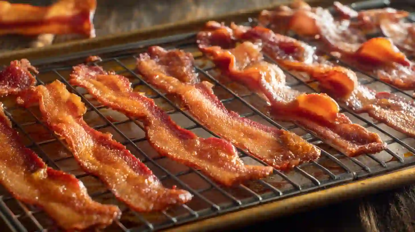 crisp-thick-cut-bacon-for-bourbon-maple-french-toast Crispy thick-cut bacon baking on a wire rack for Bourbon Maple Bacon Stuffed French Toast – perfect sweet and savory breakfast recipe idea for gourmet brunch.