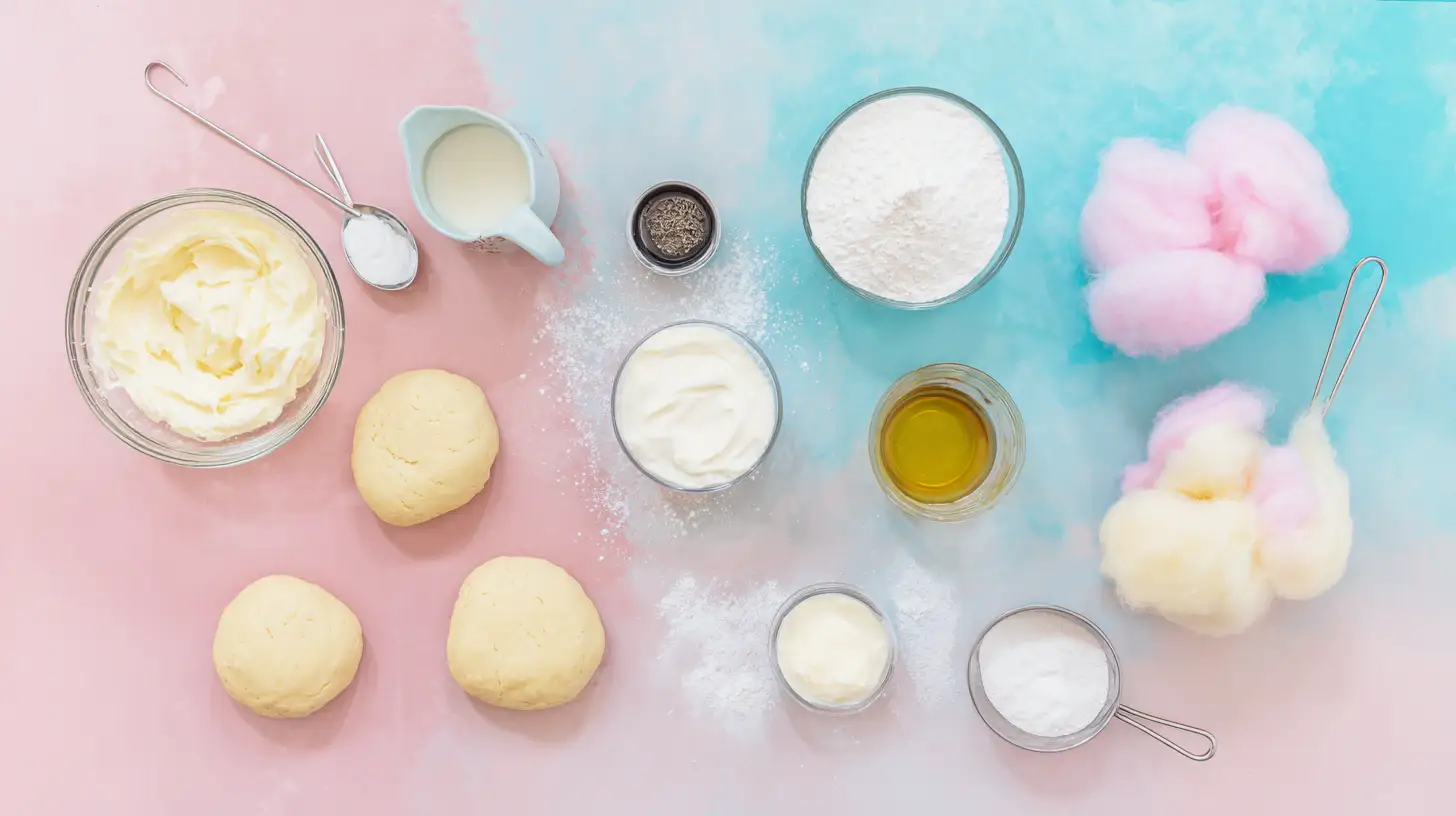 crispy-cotton-candy-cheesecake-bombs-recipe-Ingredients-image Ingredients for Crispy Cotton Candy Cheesecake Bombs Recipe including cream cheese, powdered sugar, cotton candy flavoring, biscuit dough, and cotton candy.