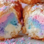 Close-up of Crispy Cotton Candy Cheesecake Bombs Recipe with pastel pink, blue, and purple cream cheese filling inside golden fried crust.