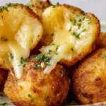 Close-up of crispy potato and cheese bombs with melted cheddar cheese and parsley on a plate