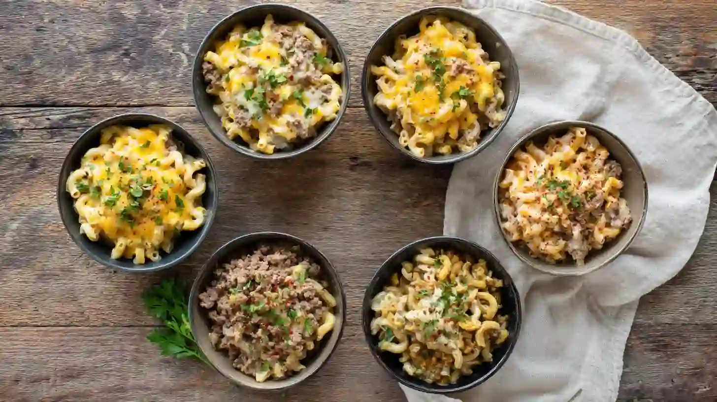 Five variations of Crockpot Cheesy Ranch Beef Pasta in bowls, ideal for budget-friendly crockpot recipes and kid-friendly dinner ideas