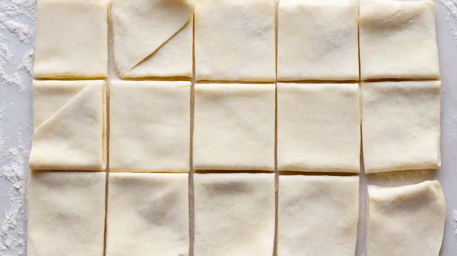 Cutting puff pastry into 3x3 squares for holiday puff pastry appetizers with brie.