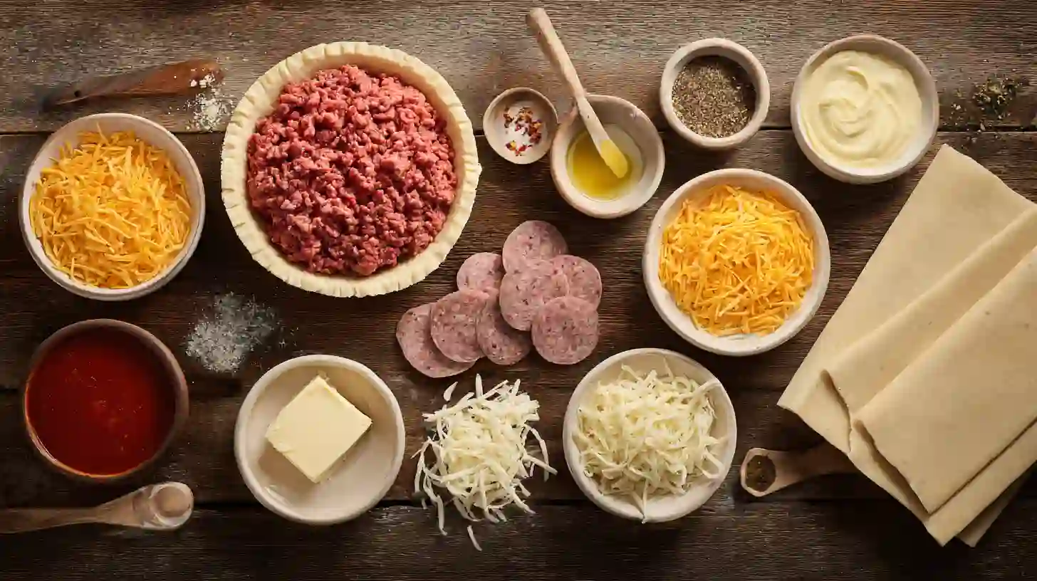 deep-dish-hamburger-sausage-and-pepperoni-pie-Ingredient-Image Deep-Dish Hamburger, Sausage & Pepperoni Pie ingredients – beef, sausage, pepperoni, cheese, and buttery crust