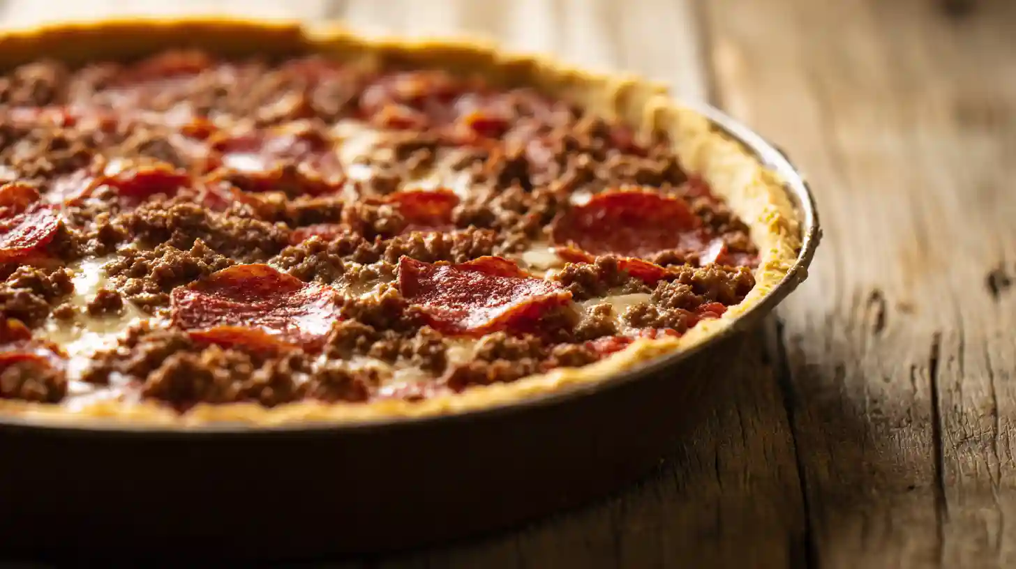 deep-dish-hamburger-sausage-pepperoni-pie-step3-layer-filling Deep-Dish Hamburger, Sausage & Pepperoni Pie step 3 – layering mozzarella, cooked beef, sausage, and pepperoni for homemade deep dish pizza and easy family dinner recipes