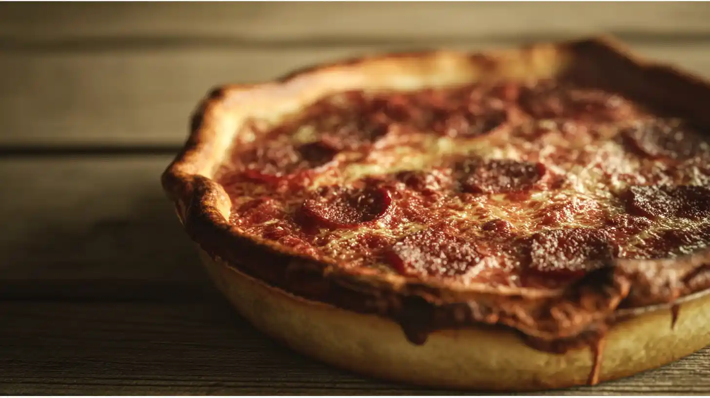deep-dish-hamburger-sausage-pepperoni-pie-step5-bake-and-breathe Deep-Dish Hamburger, Sausage & Pepperoni Pie step 5 – golden baked crust fresh from oven for homemade deep dish pizza and easy family dinner recipes