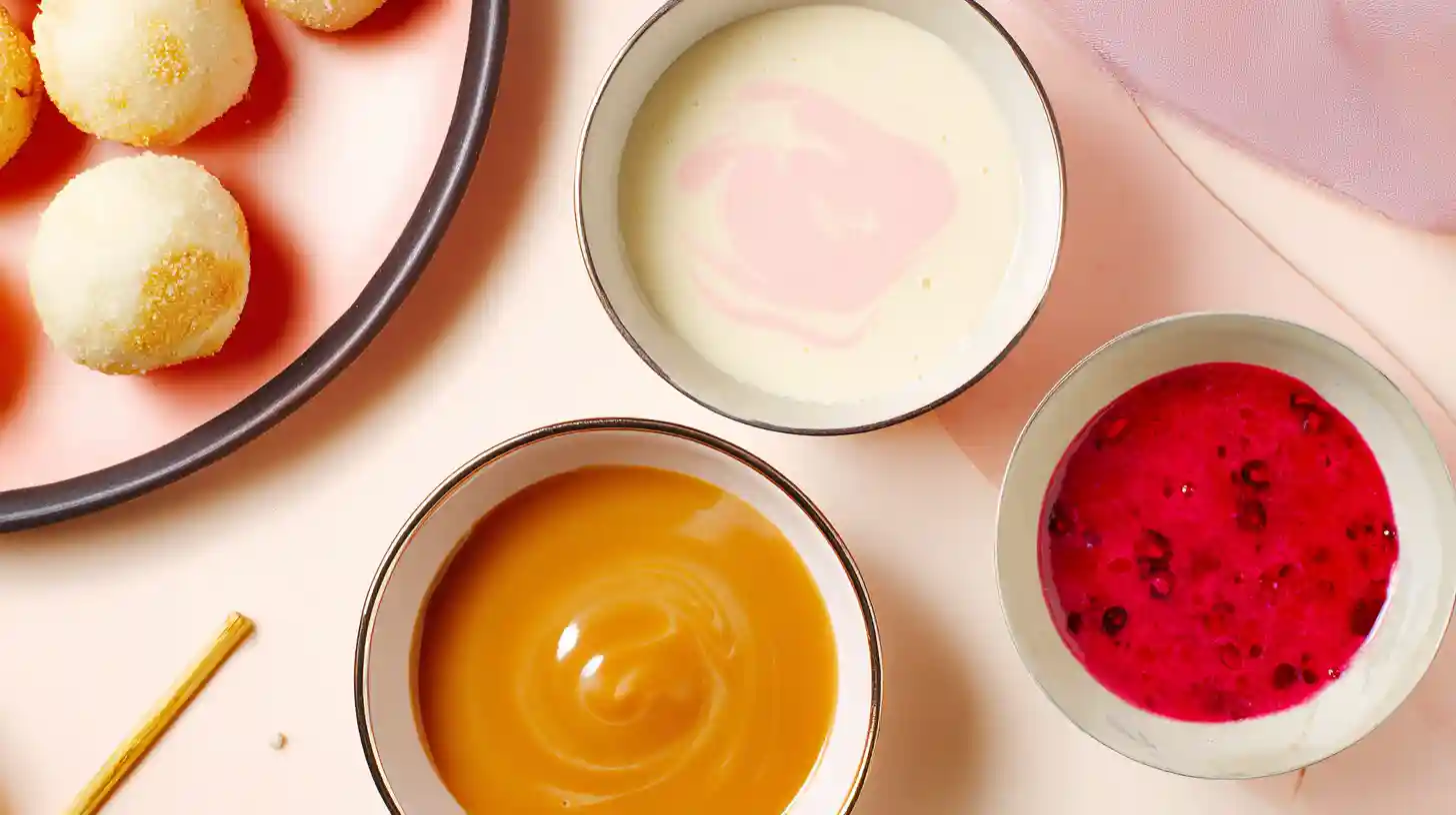 dipping-sauces-cotton-candy-cheesecake-bombs Crispy cheesecake dessert bombs served with four fun dipping sauces including cotton candy drizzle and raspberry glaze for easy holiday desserts and cream cheese snack ideas.