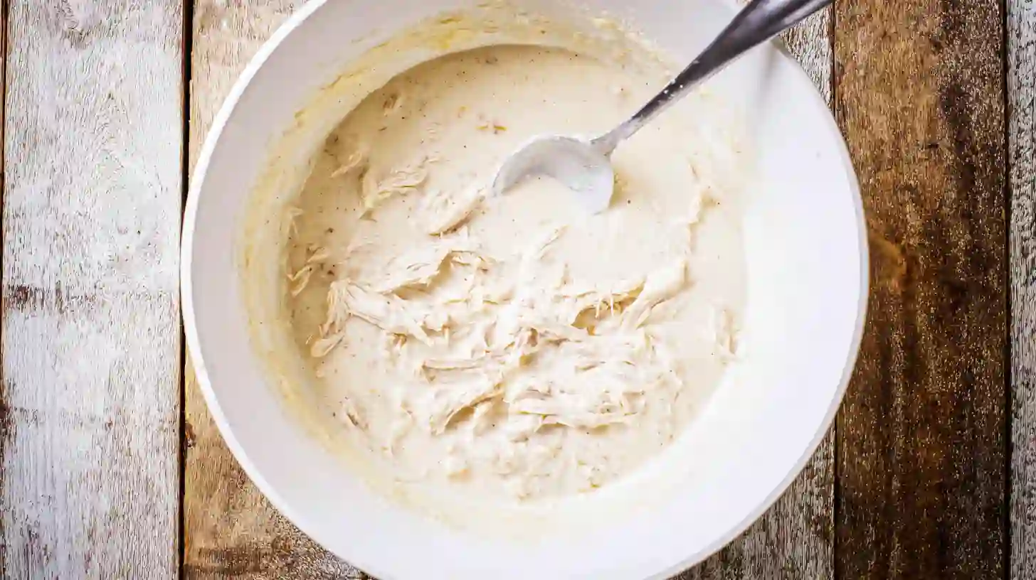 dollys-casserole-step-1-mix-base Mixing the base for Dolly’s chicken and stuffing casserole with cream of chicken soup, sour cream, broth, and shredded chicken – a perfect start for easy comfort food dinners and quick chicken casserole recipes