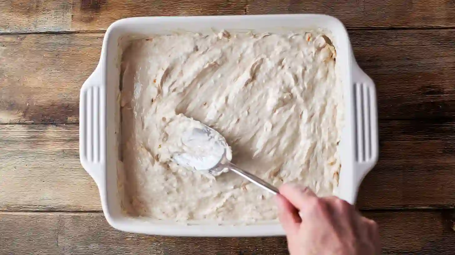 dollys-casserole-step-2-layer-chicken-base Spreading creamy chicken mixture in a casserole dish for Dolly’s chicken and stuffing casserole — an easy baked chicken recipe and comfort food meal perfect for family dinner casseroles
