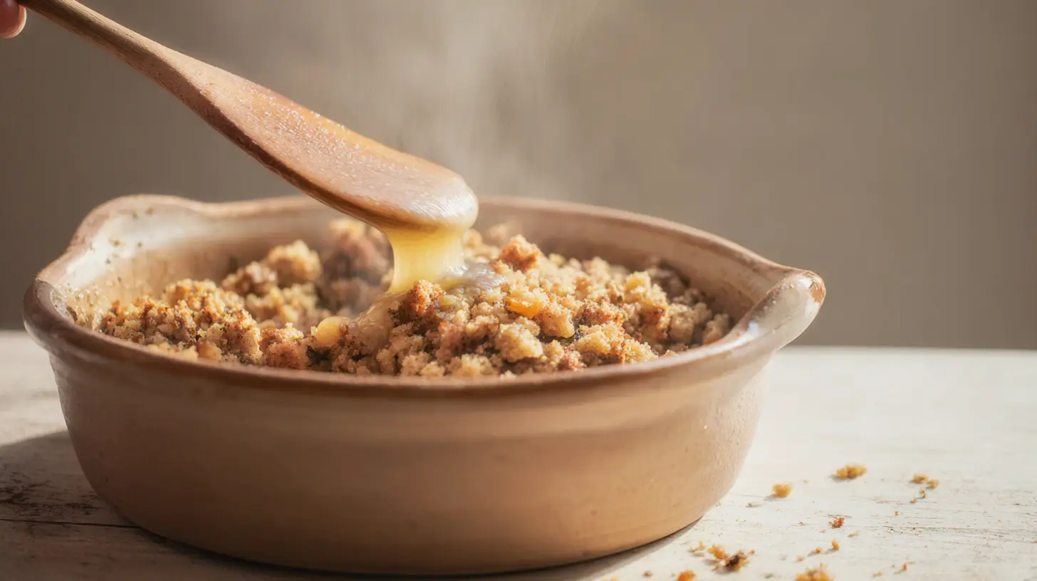 dollys-casserole-step-3-buttered-stuffing Mixing stuffing with melted butter and broth for Dolly’s chicken and stuffing casserole — a cozy, budget-friendly chicken dinner and easy stuffing recipe perfect for classic baked casseroles