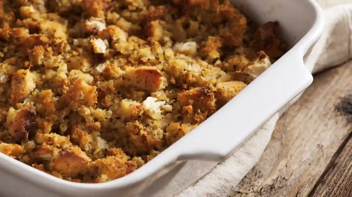 dollys-casserole-step-4-baked-golden-top Golden-baked Dolly’s chicken and stuffing casserole fresh from the oven — a high-protein comfort meal and easy baked casserole perfect for chicken and stuffing dinners
