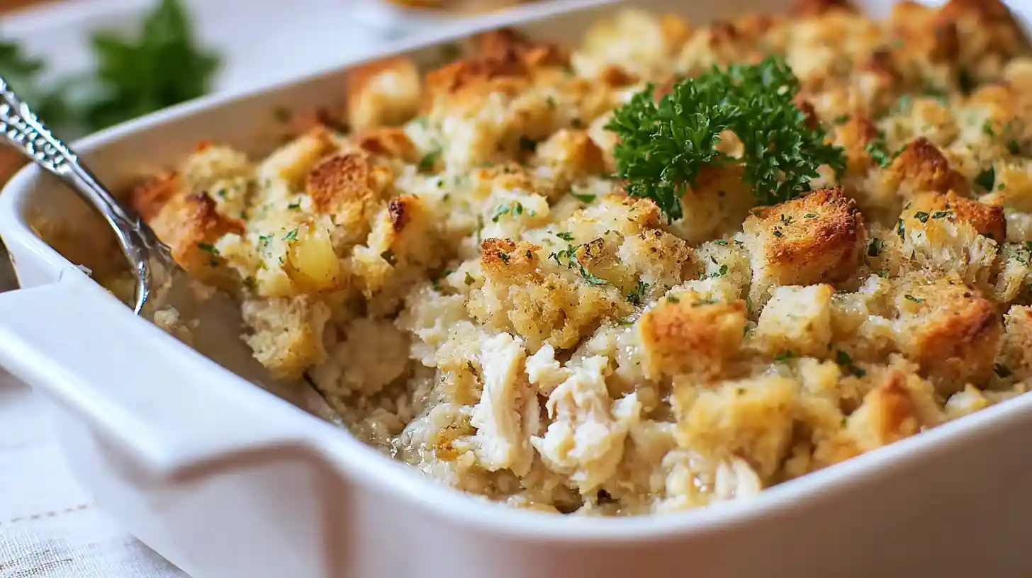 dollys-casserole-step-5-resting-after-bake Dolly’s chicken and stuffing casserole resting after baking — a simple comfort food and budget-friendly family meal that brings warmth to the table