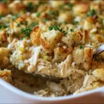 Close-up of Dolly’s chicken and stuffing casserole with golden crispy stuffing topping and creamy shredded chicken filling in a white baking dish