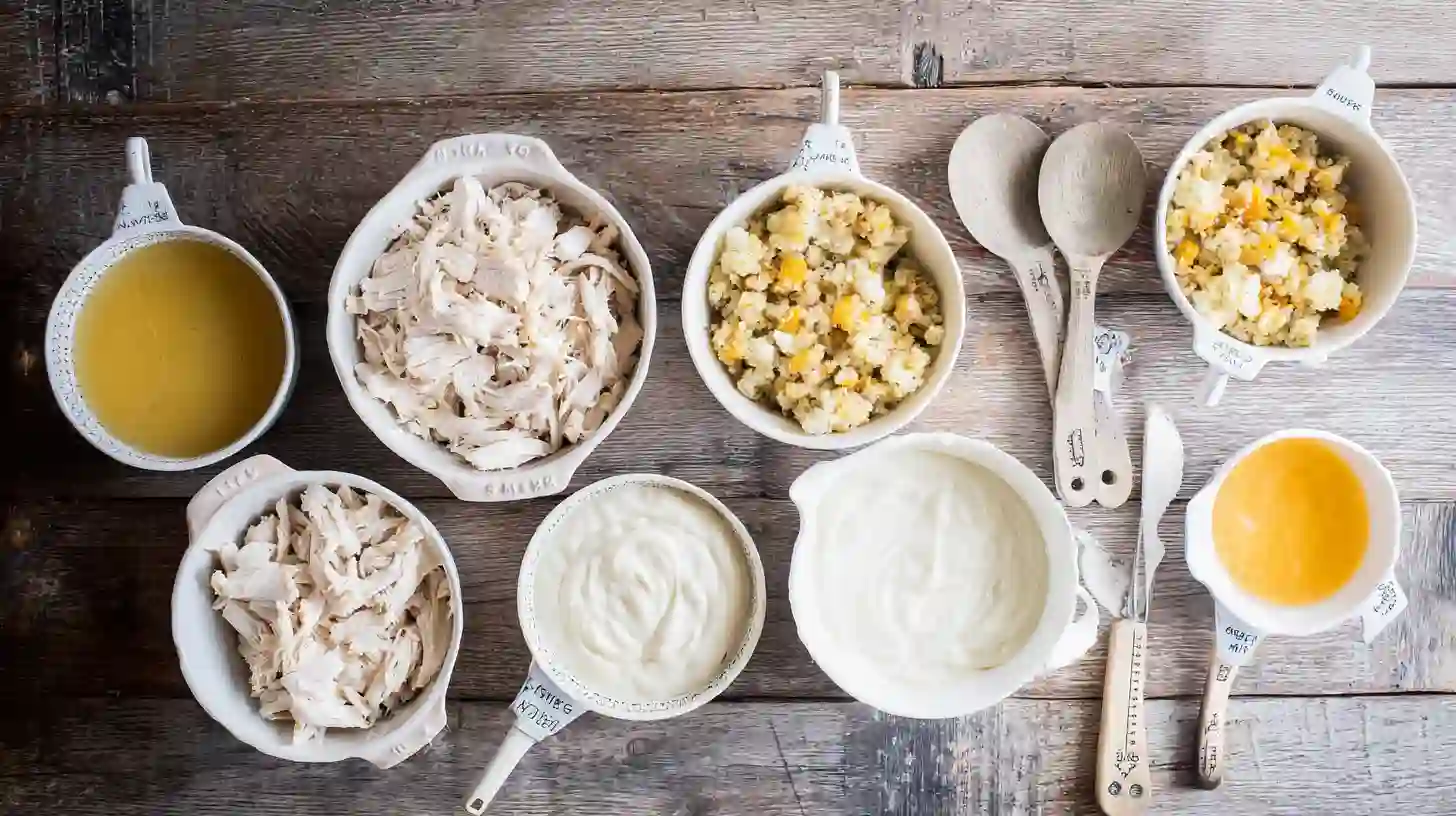 dollys-chicken-and-stuffing-casserole-ingredients-image Ingredients for Dolly’s chicken and stuffing casserole laid out in prep bowls including shredded chicken, cream of chicken soup, sour cream, broth, stuffing mix, and melted butter