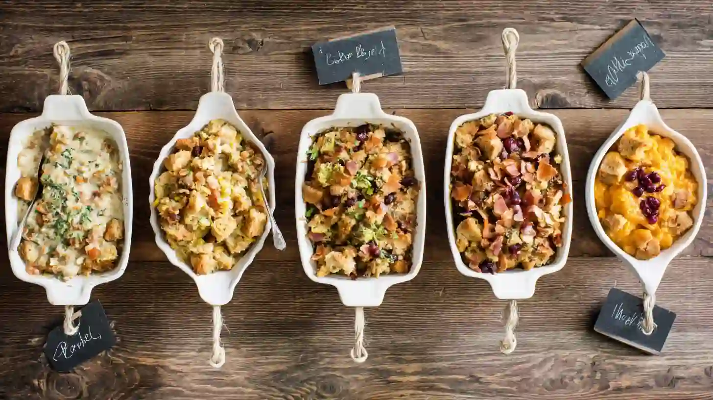 dollys-chicken-casserole-variations-image Five variations of Dolly’s chicken and stuffing casserole shown side-by-side — from classic comfort food to budget-friendly chicken meals and healthy chicken dinner ideas